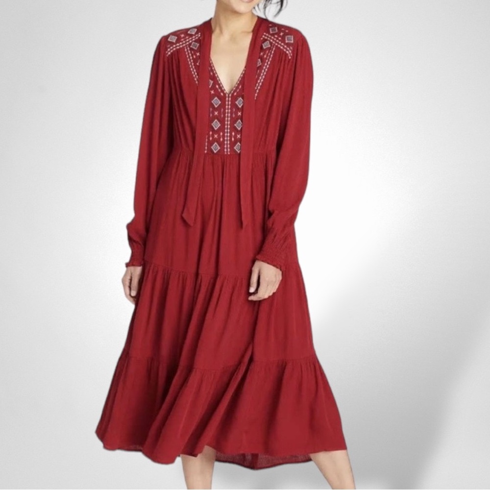 Indigo Rose Embroidered Red Long Sleeve Tiered Maxi Dress Women’s Size L
